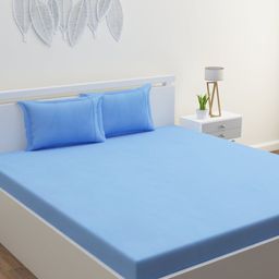 HOME AFFAIRS Blue Solid Pure Cotton 300 TC Queen Bedsheet With 2 Pillow Covers-12