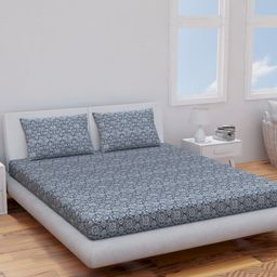 Himeya Navy Blue Ethnic Motifs Pure Cotton 120 TC King Bedsheet with 2 Pillow Covers-image-52