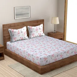 MODEFE Off White & Pink Floral Microfiber 144 TC Queen Bedsheet With 2 Pillow Covers-image-28