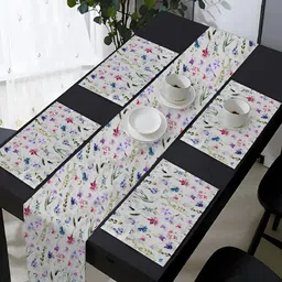 OASIS White & Purple 5 Pieces Printed Cotton Table Mats with Runner-15