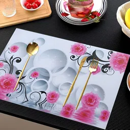 REVEXO Pink & Grey 6 Pieces Floral Printed Rectangular Table Placemats-2