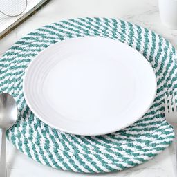HOMADORN Teal Blue & White 4 Pieces Cotton Round Reversible Table Placemats-17