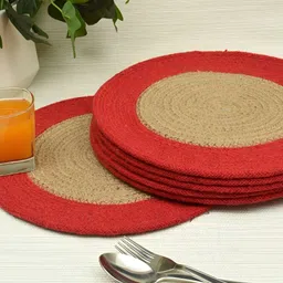 HOMADORN 6 Pieces Brown & Red Braided Pure Cotton Round Reversible Table Placemats-18