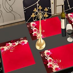 REVEXO Maroon & Pink 6 Pieces Floral Pattern Rectangle Reversible Table Placemats-41