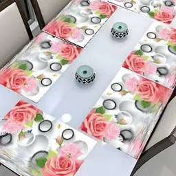 REVEXO Grey & Pink 6 Pieces Rose Printed Anti-Slip Table Placemats-48