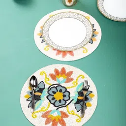 Aditya Impex White & Blue 2Pieces Floral Beaded Table Placemats-image-55