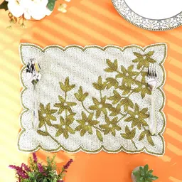 YWULY White & Yellow Floral Embellished Beaded Round Table Placemats-44