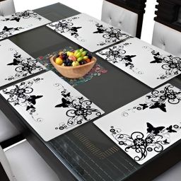 REVEXO 6-Pcs White & Black Floral Pattern Rectangle Reversible Table Placemats-21