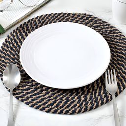 HOMADORN 6 Pieces Brown & Blue Self Design Pure Cotton Round Table Placemats-56