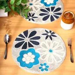 PURINA'S- 2Pcs Grey & Blue Floral Beaded Table Placemats-13