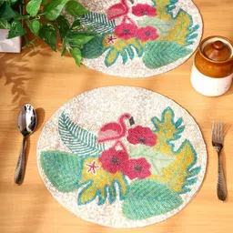 Aditya Impex White & Green 2 Pieces Floral Embellished Round Table Placemats-picture-31