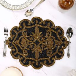 Aditya Impex Black & Brown Floral Beaded Table Placemat-image-67