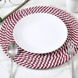 HOMADORN 6 Pieces Red & White Self Design Pure Cotton Round Reversible Table Placemats-8