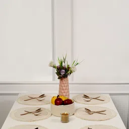 ANWYN Beige 6 Pieces Jute Cotton Round Table Placemats With Organizer-53