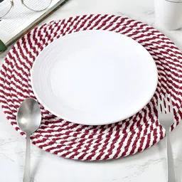 HOMADORN 4 Pieces Red & White Self Design Pure Cotton Round Table Placemats-23