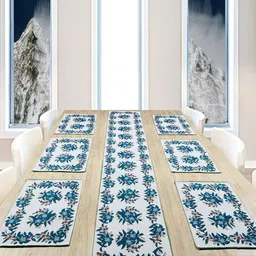 BELLA TRUE Set Of 7 White & Teal Blue Floral Printed Jacquard Table Placement & Runner Set-41