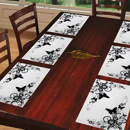 REVEXO White & Black 6 Pieces Floral Printed Rectangular Table Placemats-1