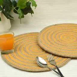 HOMADORN 4 Pieces Brown & Yellow Self Design Pure Cotton Round Table Placemats-picture-26