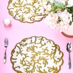 PURINA'S -2 Pcs Cream Colored Floral Beaded Table Placemats-24