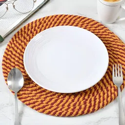 HOMADORN 6 Pieces Red & Yellow Self Design Pure Cotton Round Reversible Table Placemats-2