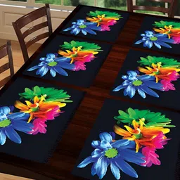 REVEXO Black & Blue 6 Pieces Floral Printed NON-Slip Table Placemats-11