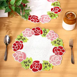 AIVIK White & Green 2 Pieces Floral Beaded Embellished Round Table Placemats-image-5