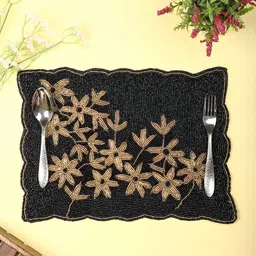 PURINA'S Black & Gold Toned Floral Beaded Rectangle Table Placemats-28