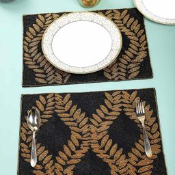 PURINA'S 2 Pcs Black & Brown Floral Printed Beaded Table Placemats-0