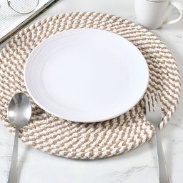 HOMADORN Brown & White 6 Pieces Braided  Cotton Round Reversible Table Placemats-17
