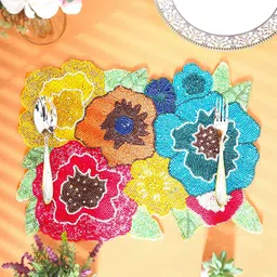 YWULY Blue & Red Floral Beaded Table Placemats-56