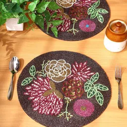 YWULY Black & Pink 2 Pieces Floral Embellished Beaded Round Table Placemats-16