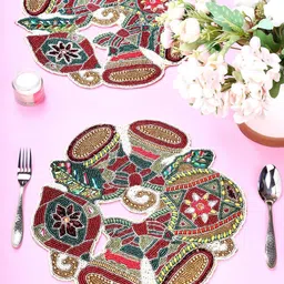 YWULY-2Pcs Cream Coloured & Brown Beaded Floral Table Placemats-10