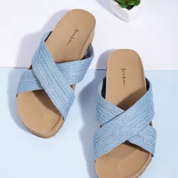 Mast & Harbour Women Blue Woven Design Criss-Cross Open Toe Flats-44