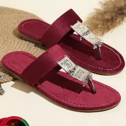 Try Me Embellished Kolapuri Ethnic Suede Open Toe Flats-78