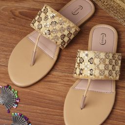 PANAHI Women Gold-Toned Ethnic T-Strap Flats-image-44