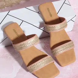 Anouk Peach-Coloured Embellished Open Toe Flats-image-0