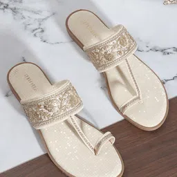 Anouk Cream-Coloured Embellished Open Toe Flats-9