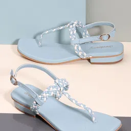 DressBerry Blue Embellished Open Toe T-Strap Flats-image-44