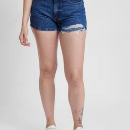 SPYKAR Women Washed Slim Fit Mid Rise Distressed Cotton Denim Shorts-picture-26