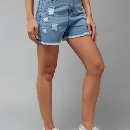 Miss Chase Women Relaxed Fit Mid-Rise Distressed Denim Shorts-image-51