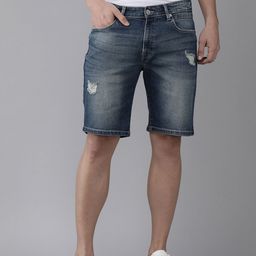 BEAT LONDON by PEPE JEANS Men Blue Washed Distressed Denim Shorts-image-98