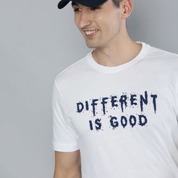 HERE&NOW Men White & Navy Blue Printed Pure Cotton T-shirt-image-61
