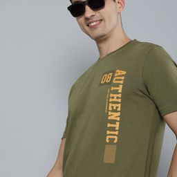 HERE&NOW Men Olive Green Typography Printed Pure Cotton T-shirt-image-94