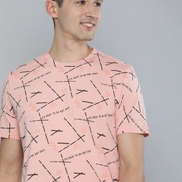 HERE&NOW Men Pink Typography Printed Pure Cotton T-shirt-image-69