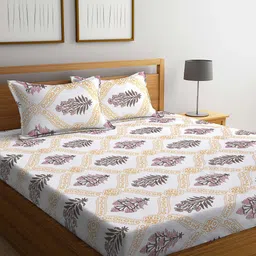 KLOTTHE White & Yellow Ethnic Motif 300TC Fitted Double King Bedsheet With 2 Pillow Covers-image-99