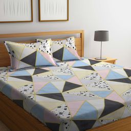KLOTTHE Pink & Blue Geometric 300TC Fitted Double King Bedsheet With 2 Pillow Covers-image-80