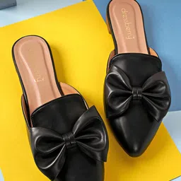 DressBerry Women Black Pointed Toe Mules With Bows-3