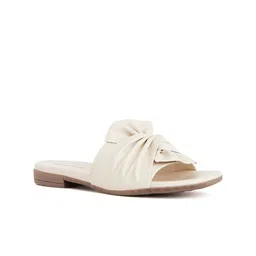 Peach Flores Textured Bow Detail Leather Open Toe Flats-52
