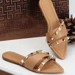 DressBerry Beige Embellished Open Toe Flats-image-33