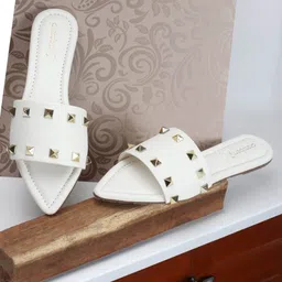 DressBerry White Embellished Open Toe Flats-picture-10